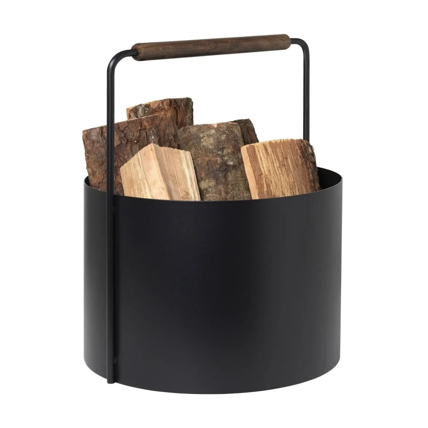Blomus - ASHI brændekurv - Sort med brun egehåndtag - H: 45 x Ø: 35 cm